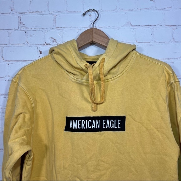 American Eagle Sweatshirt Mens Small Yellow Pullover Hoodie Embroidered - Picture 2 of 9